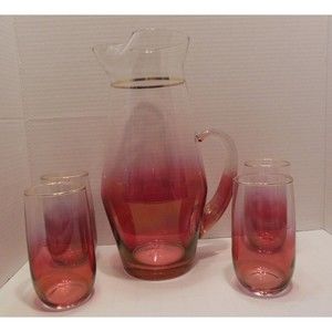 VTG Blendo W. Virginia Cranberry Glass Pitcher Set 4 Glasses Iridescent Pink Red